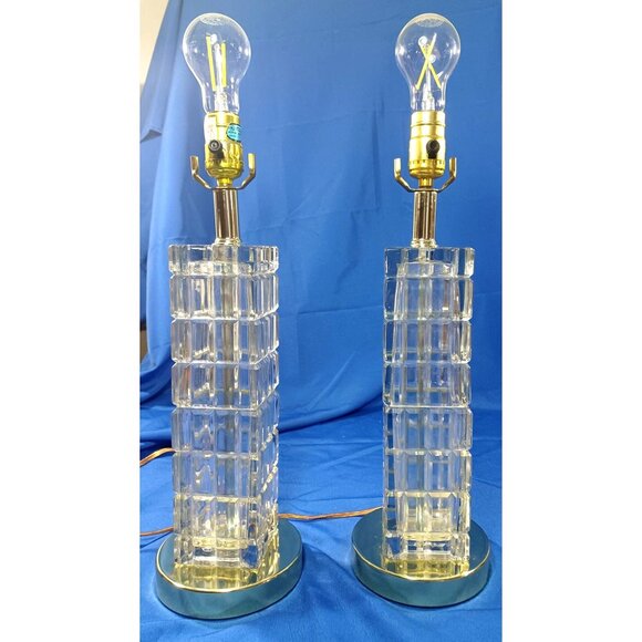 Mid Century Hollywood Regency Crystal & Brass Window Pane Cube Tower Lamps Set - Picture 13 of 13